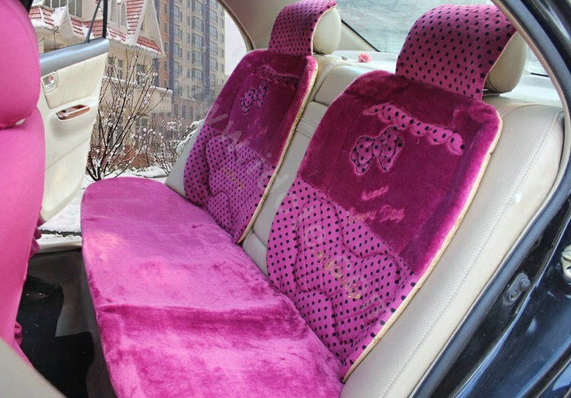 Polka Dot Bow Universal Auto Car Front Rear Seat Cover Cushion Set Plush 8pcs - Rose