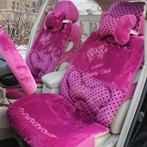 Polka Dot Bow Universal Auto Car Front Rear Seat Cover Cushion Set Plush 8pcs - Rose