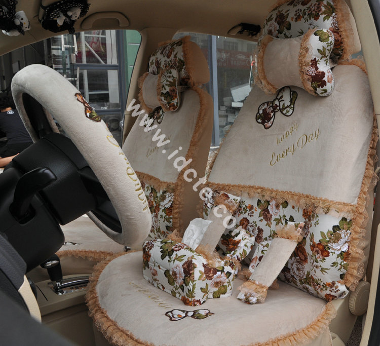 Bow Lace Universal Auto Car Seat Cover Set Short velvet 19pcs - Beige