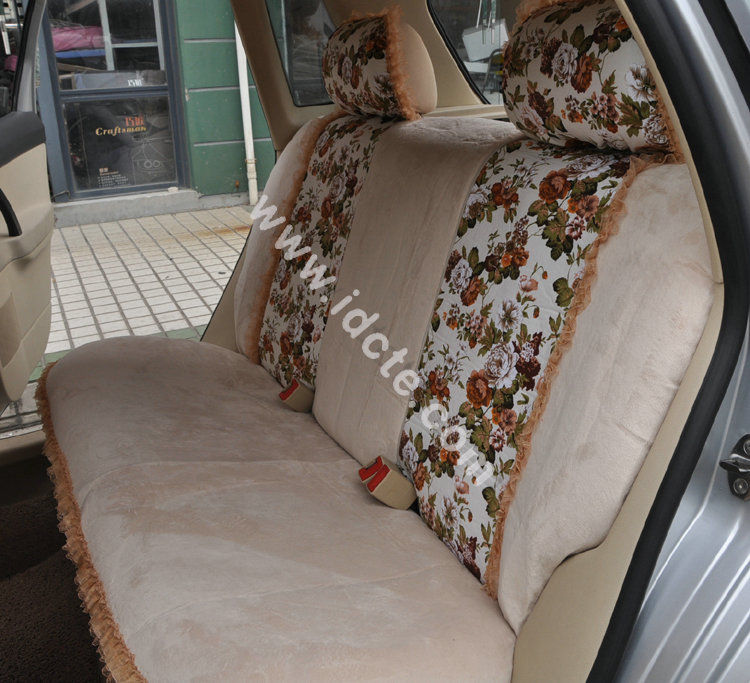 Bow Lace Universal Auto Car Seat Cover Set Short velvet 19pcs - Beige