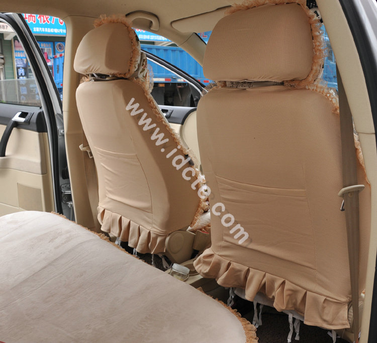 Bow Lace Universal Auto Car Seat Cover Set Short velvet 19pcs - Beige