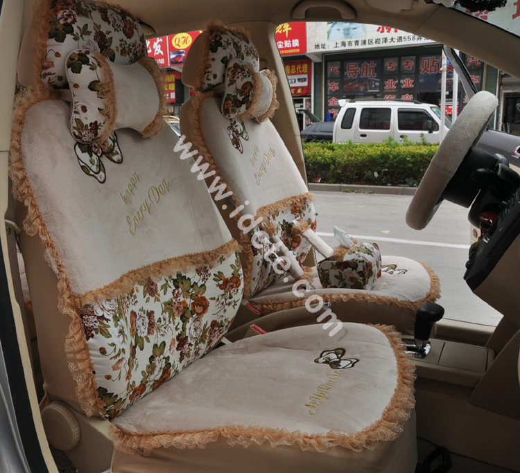 Bow Lace Universal Auto Car Seat Cover Set Short velvet 19pcs - Beige