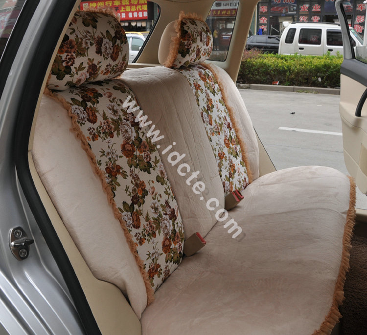 Bow Lace Universal Auto Car Seat Cover Set Short velvet 19pcs - Beige