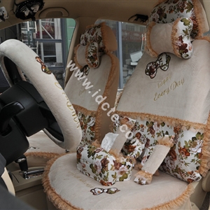 Bow Lace Universal Auto Car Seat Cover Set Short velvet 19pcs - Beige