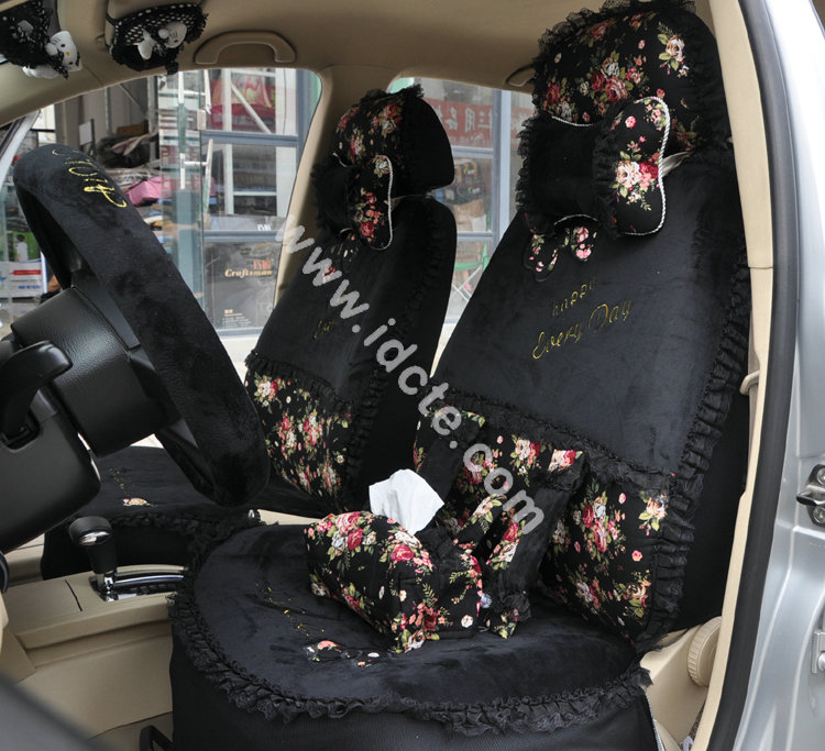 Bow Lace Universal Auto Car Seat Cover Set Short velvet 19pcs - Black