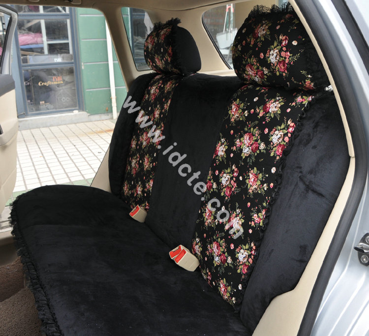 Bow Lace Universal Auto Car Seat Cover Set Short velvet 19pcs - Black