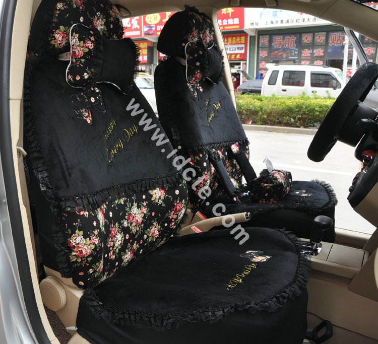 Bow Lace Universal Auto Car Seat Cover Set Short velvet 19pcs - Black
