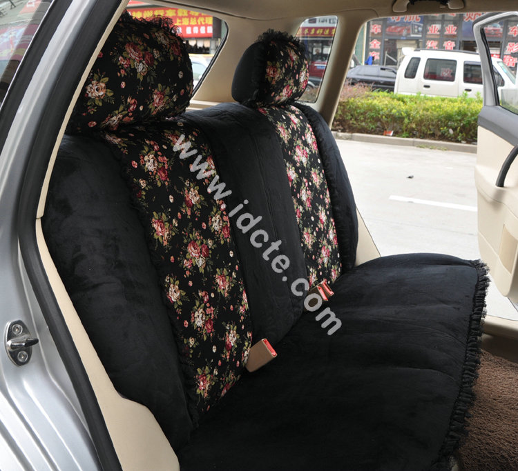 Bow Lace Universal Auto Car Seat Cover Set Short velvet 19pcs - Black