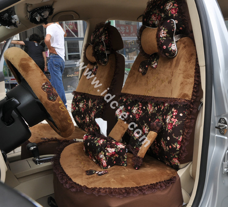 Bow Lace Universal Auto Car Seat Cover Set Short velvet 19pcs - Coffee