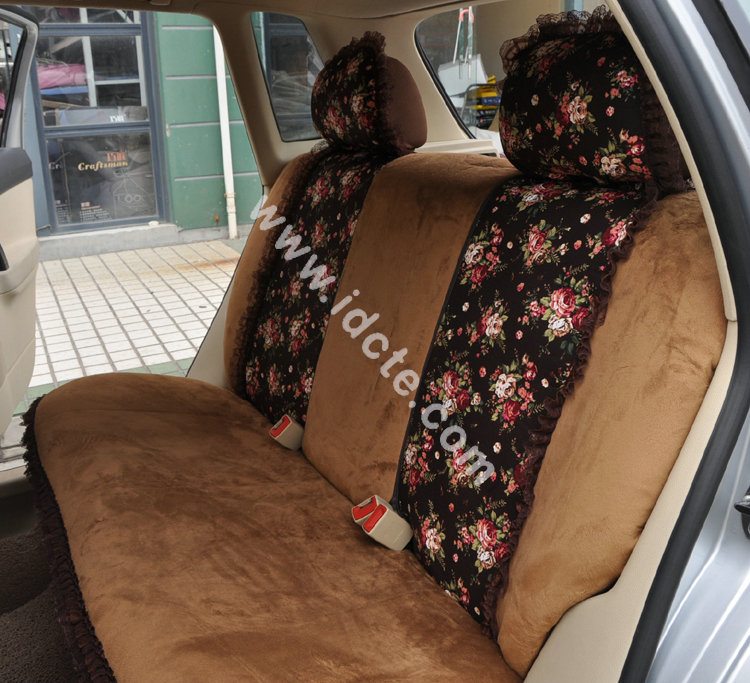 Bow Lace Universal Auto Car Seat Cover Set Short velvet 19pcs - Coffee