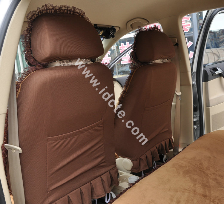 Bow Lace Universal Auto Car Seat Cover Set Short velvet 19pcs - Coffee