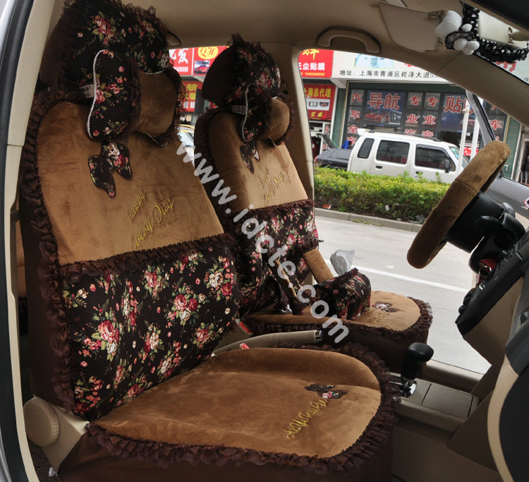 Bow Lace Universal Auto Car Seat Cover Set Short velvet 19pcs - Coffee