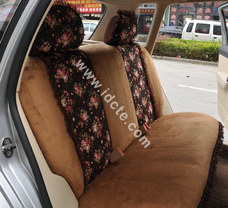 Bow Lace Universal Auto Car Seat Cover Set Short velvet 19pcs - Coffee