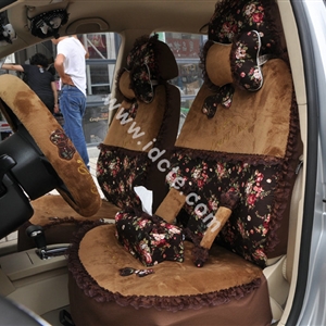 Bow Lace Universal Auto Car Seat Cover Set Short velvet 19pcs - Coffee
