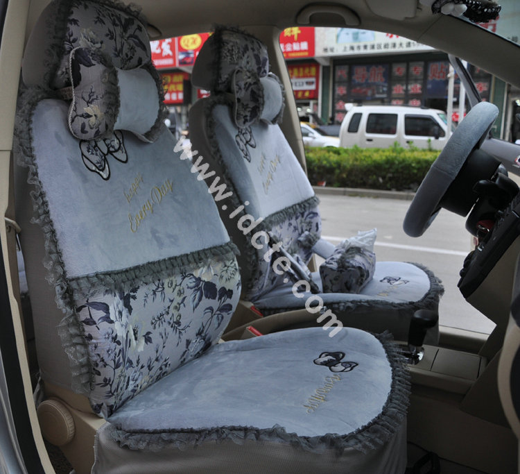 Bow Lace Universal Auto Car Seat Cover Set Short velvet 19pcs - Grey