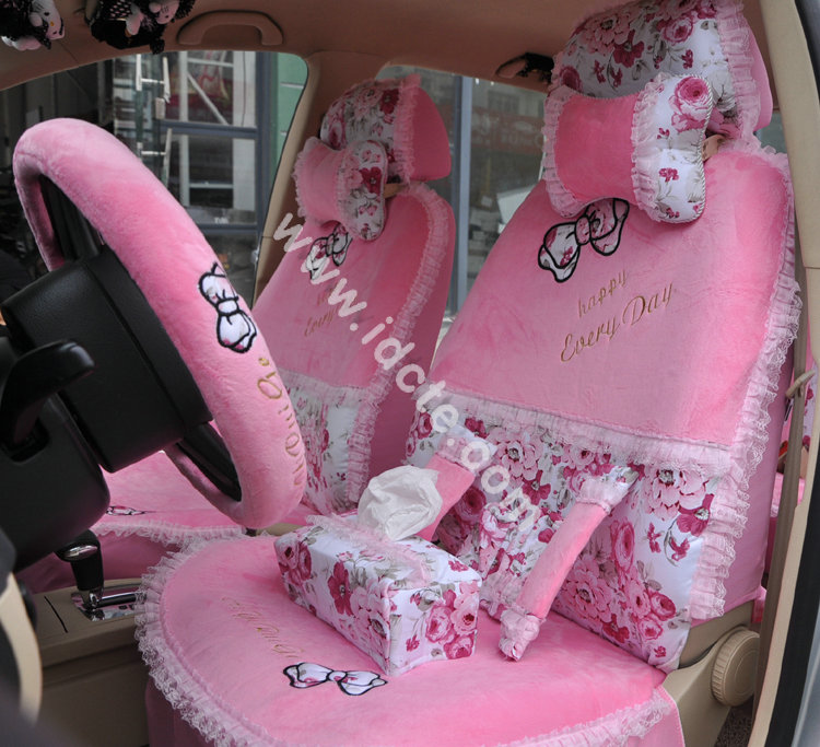 Bow Lace Universal Auto Car Seat Cover Set Short velvet 19pcs - Pink