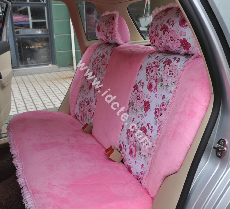 Bow Lace Universal Auto Car Seat Cover Set Short velvet 19pcs - Pink