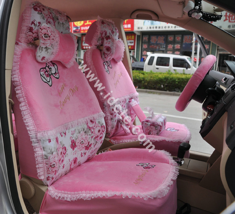 Bow Lace Universal Auto Car Seat Cover Set Short velvet 19pcs - Pink