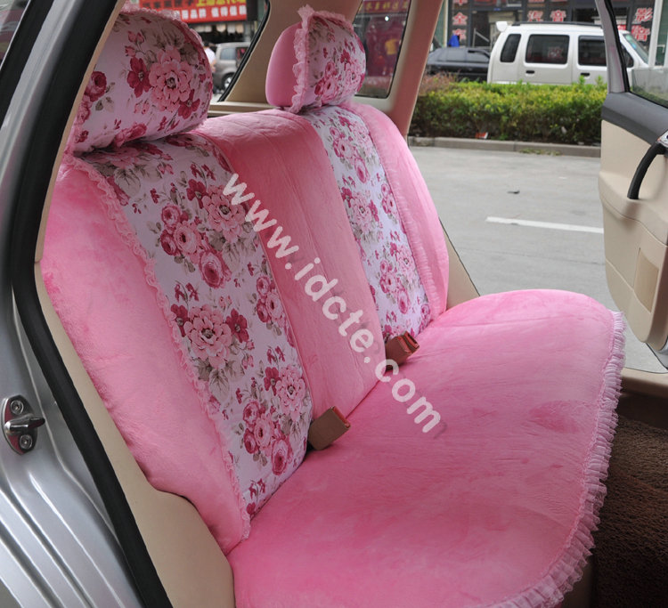Bow Lace Universal Auto Car Seat Cover Set Short velvet 19pcs - Pink