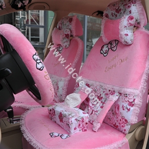 Bow Lace Universal Auto Car Seat Cover Set Short velvet 19pcs - Pink