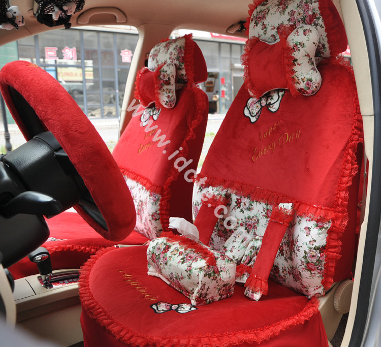 Bow Lace Universal Auto Car Seat Cover Set Short velvet 19pcs - Red