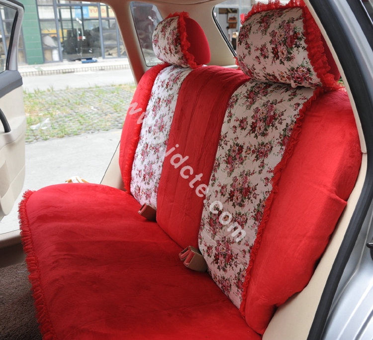 Bow Lace Universal Auto Car Seat Cover Set Short velvet 19pcs - Red