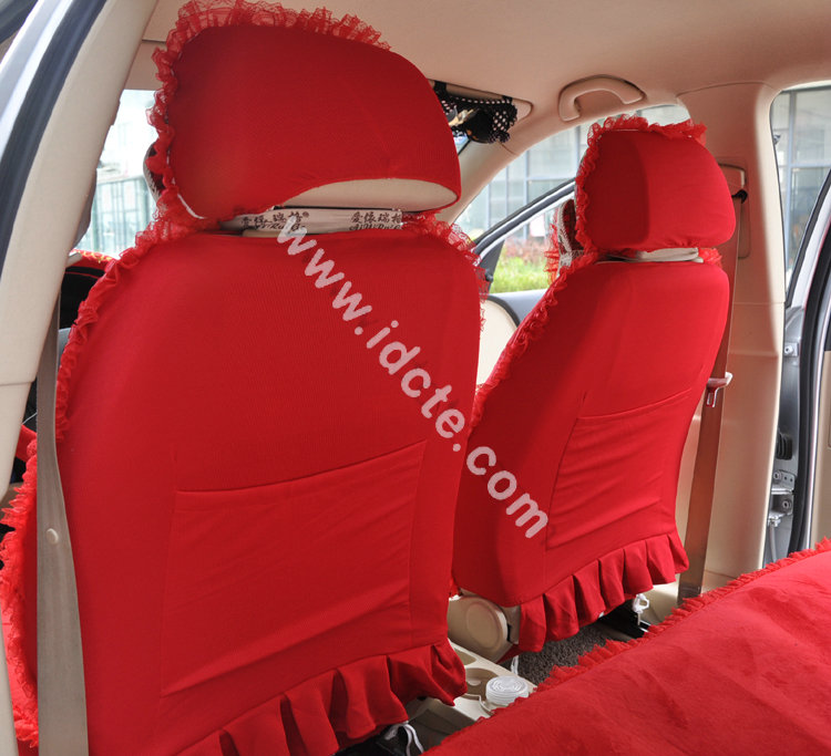 Bow Lace Universal Auto Car Seat Cover Set Short velvet 19pcs - Red