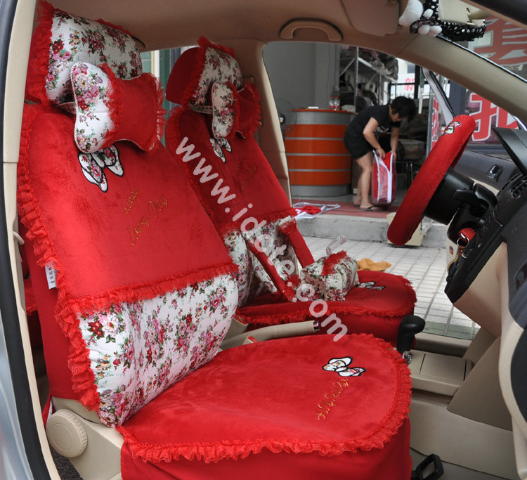 Bow Lace Universal Auto Car Seat Cover Set Short velvet 19pcs - Red