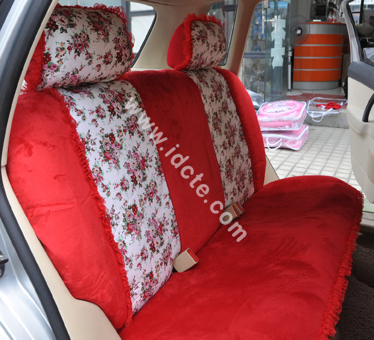 Bow Lace Universal Auto Car Seat Cover Set Short velvet 19pcs - Red