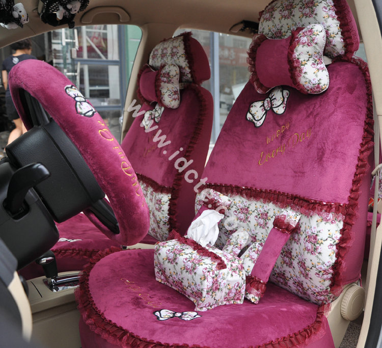 Bow Lace Universal Auto Car Seat Cover Set Short velvet 19pcs - Rose