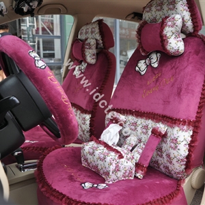 Bow Lace Universal Auto Car Seat Cover Set Short velvet 19pcs - Rose