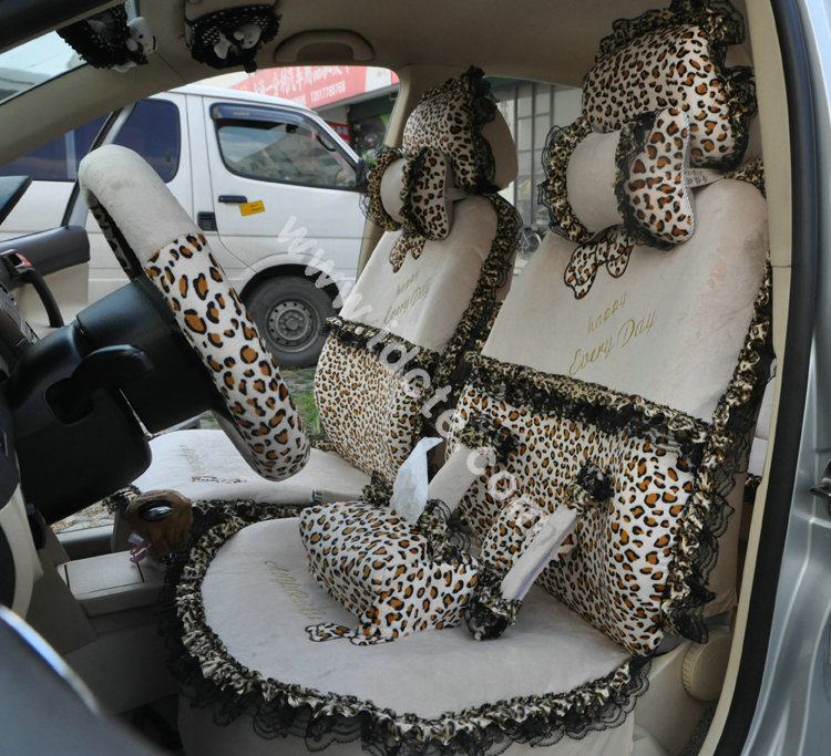 Bow Lace Universal Leopard Auto Car Seat Cover Set Short velvet 19pcs - Beige