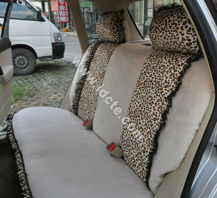 Bow Lace Universal Leopard Auto Car Seat Cover Set Short velvet 19pcs - Beige