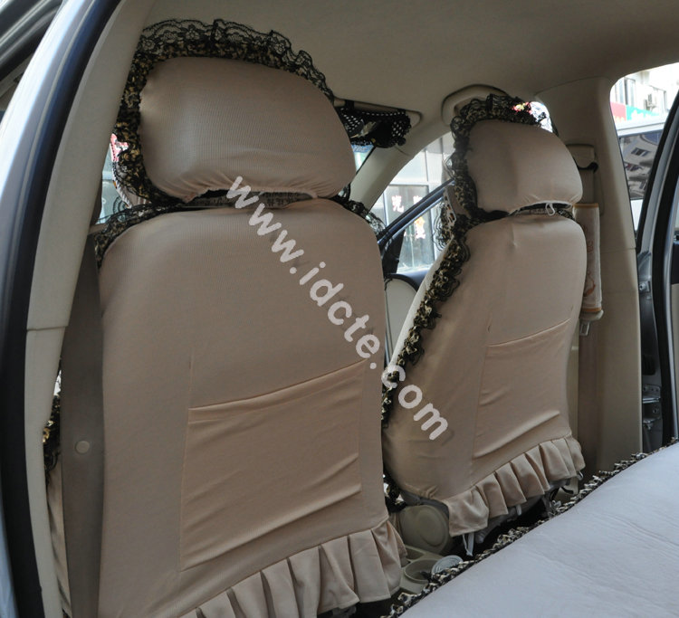 Bow Lace Universal Leopard Auto Car Seat Cover Set Short velvet 19pcs - Beige