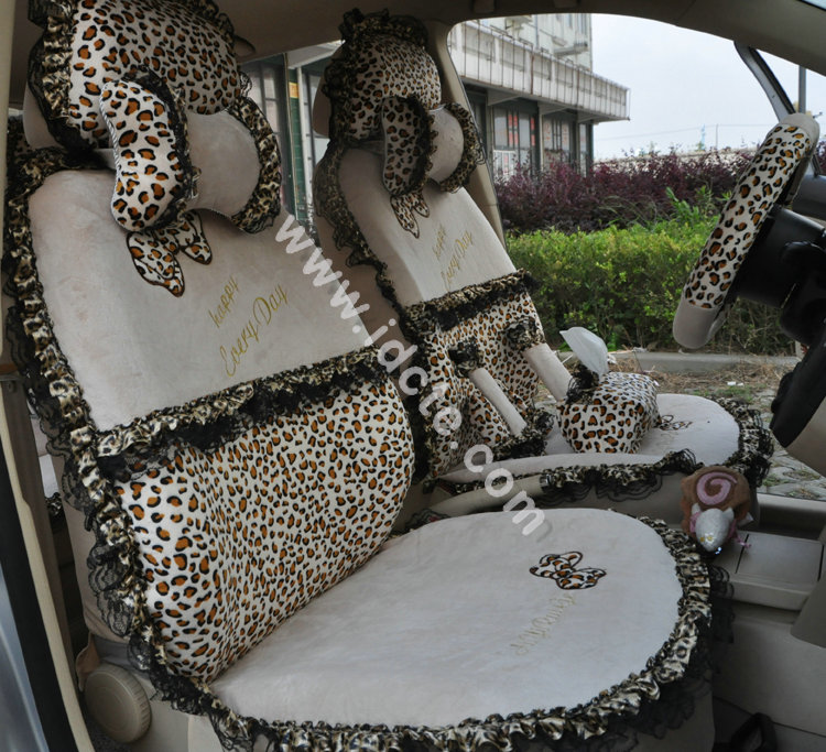 Bow Lace Universal Leopard Auto Car Seat Cover Set Short velvet 19pcs - Beige