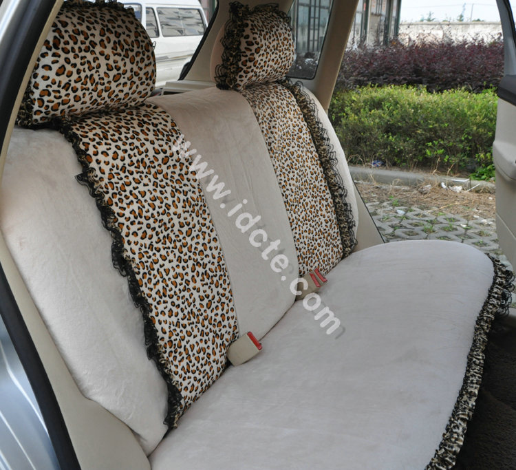 Bow Lace Universal Leopard Auto Car Seat Cover Set Short velvet 19pcs - Beige