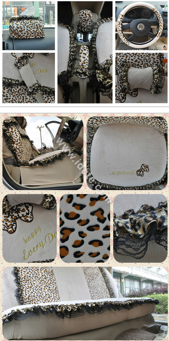 Bow Lace Universal Leopard Auto Car Seat Cover Set Short velvet 19pcs - Beige