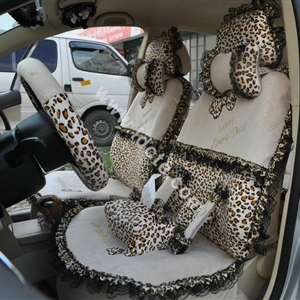 Bow Lace Universal Leopard Auto Car Seat Cover Set Short velvet 19pcs - Beige