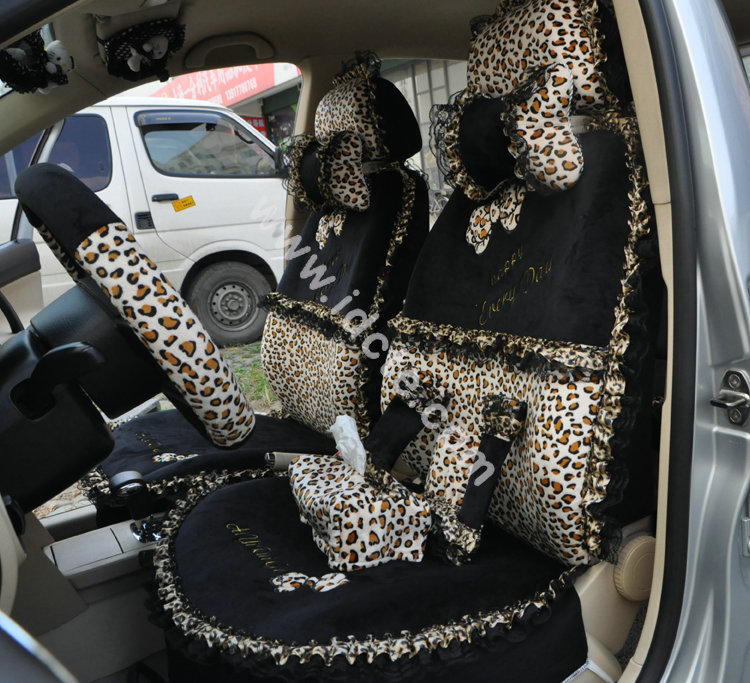 Bow Lace Universal Leopard Auto Car Seat Cover Set Short velvet 19pcs - Black