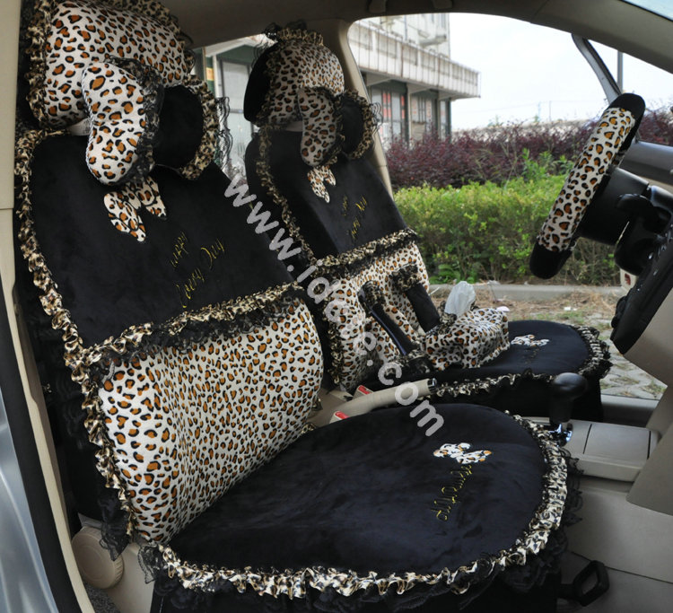 Bow Lace Universal Leopard Auto Car Seat Cover Set Short velvet 19pcs - Black