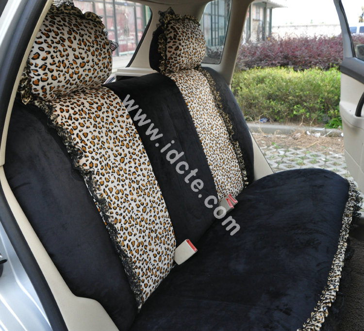 Bow Lace Universal Leopard Auto Car Seat Cover Set Short velvet 19pcs - Black