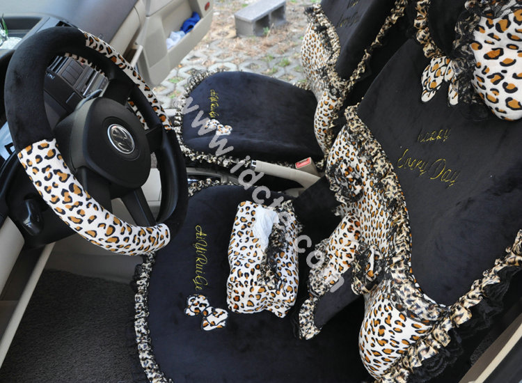 Bow Lace Universal Leopard Auto Car Seat Cover Set Short velvet 19pcs - Black