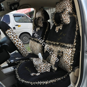 Bow Lace Universal Leopard Auto Car Seat Cover Set Short velvet 19pcs - Black