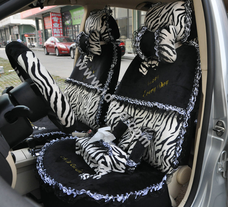 Bow Lace Universal Zebra Auto Car Seat Cover Set Short velvet 19pcs - Black