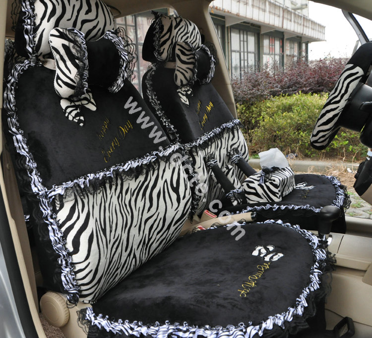 Bow Lace Universal Zebra Auto Car Seat Cover Set Short velvet 19pcs - Black