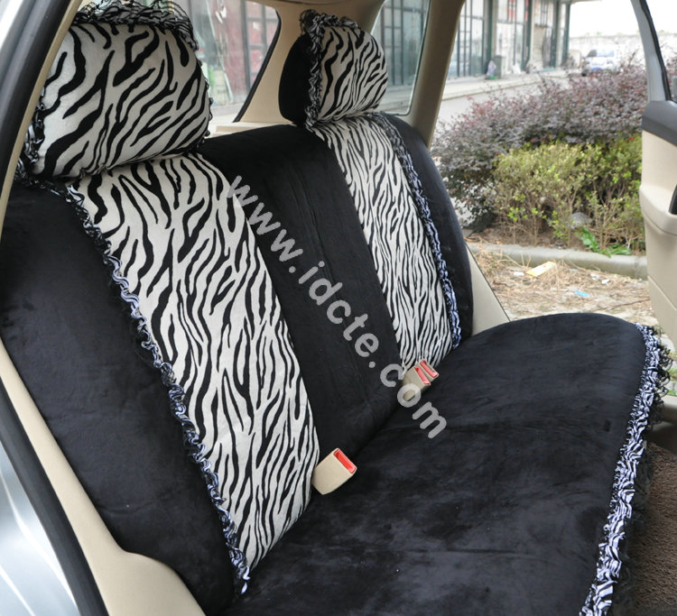 Bow Lace Universal Zebra Auto Car Seat Cover Set Short velvet 19pcs - Black