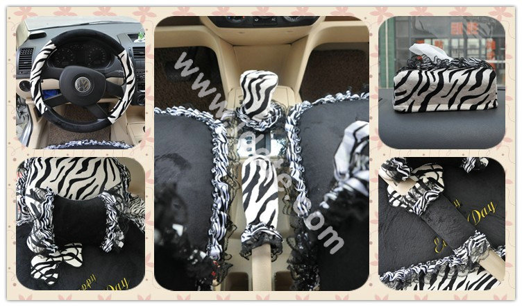 Bow Lace Universal Zebra Auto Car Seat Cover Set Short velvet 19pcs - Black