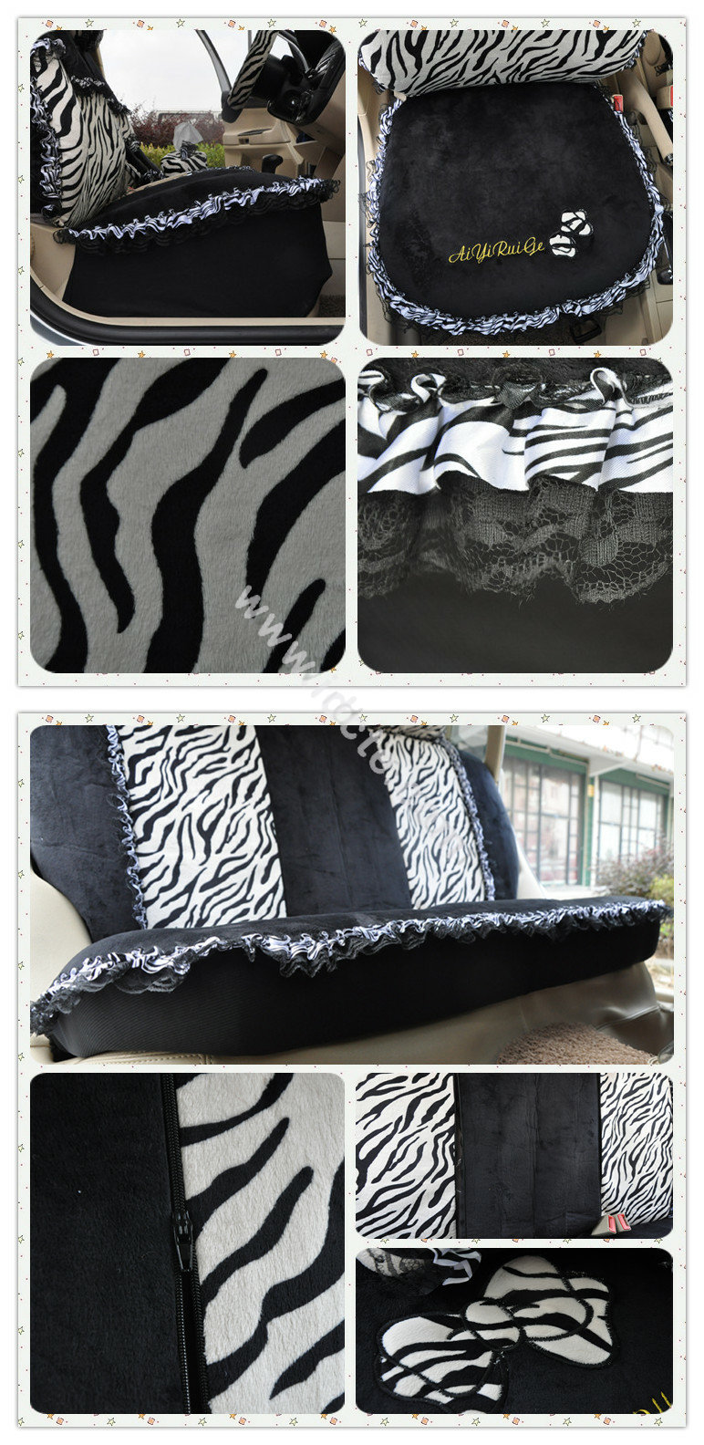 Bow Lace Universal Zebra Auto Car Seat Cover Set Short velvet 19pcs - Black