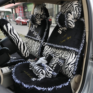 Bow Lace Universal Zebra Auto Car Seat Cover Set Short velvet 19pcs - Black