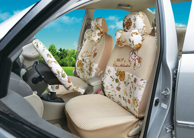 OULILAI Bowknot Universal Auto Car Seat Cover Set 19pcs ice silk - Beige
